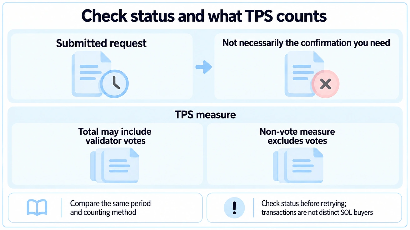 Submitted requests require status checks; TPS comparisons need consistent counting methods and periods.