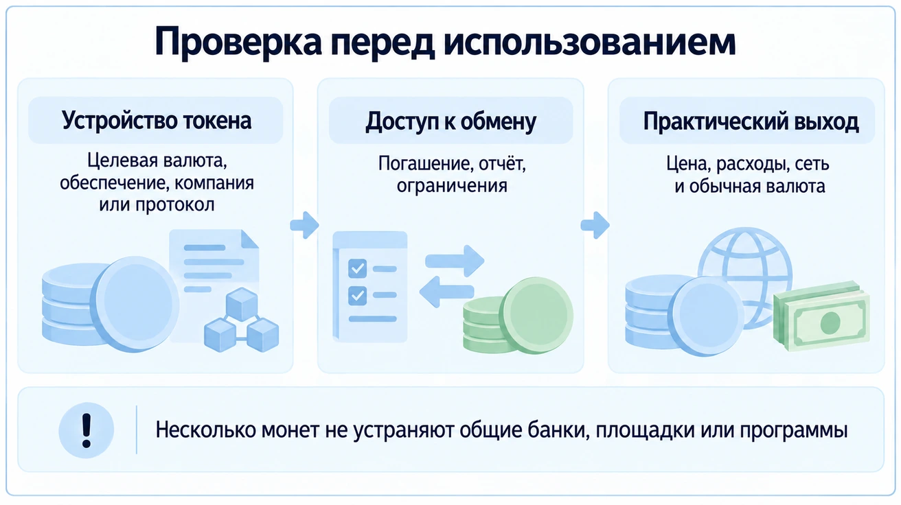 Перед использованием проверяют устройство токена, доступ к обмену и практический выход; несколько монет не устраняют общие банки, площадки или программы
