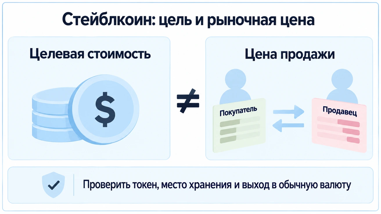 Целевая стоимость стейблкоина и цена продажи могут различаться; проверяют токен, место хранения и выход в обычную валюту