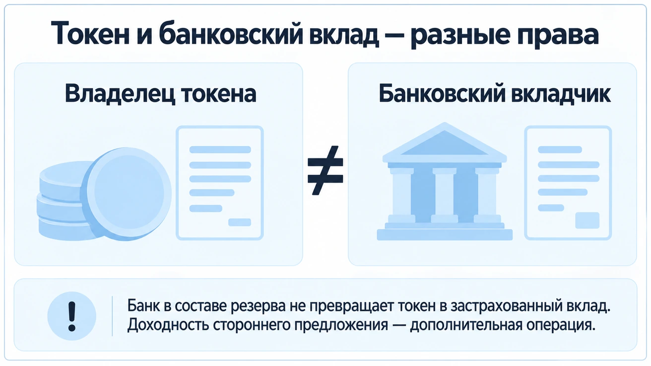 Права владельца токена отличаются от прав банковского вкладчика; банк в резерве не превращает токен в застрахованный вклад, сторонняя доходность означает дополнительную операцию