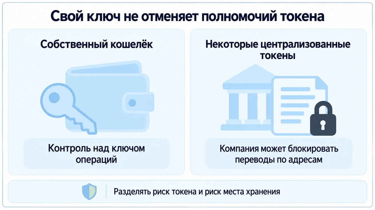 Собственный кошелёк даёт контроль над ключом, но некоторые централизованные токены позволяют компании блокировать переводы; риск токена отделяют от риска хранения