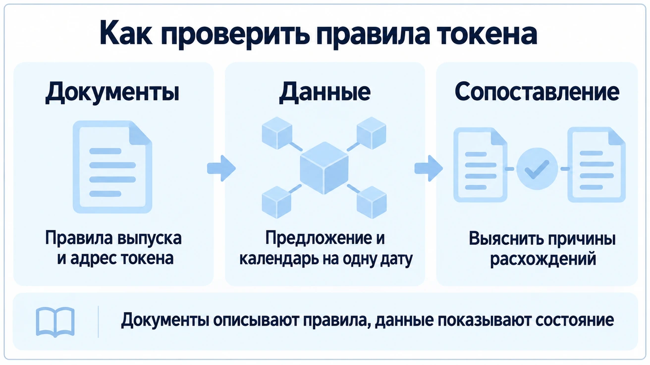 Проверка токеномики: документы выпуска и адрес токена сопоставляются с предложением и календарём на одну дату, причины расхождений выясняются