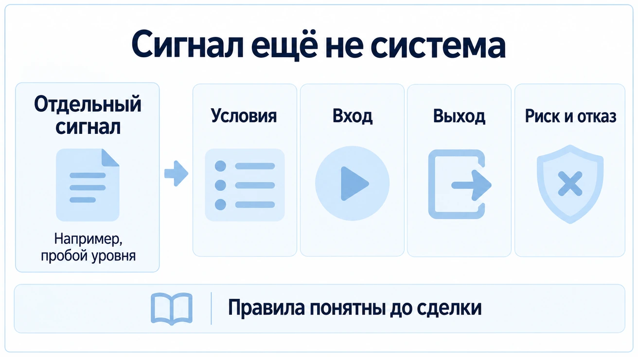 Отдельный сигнал, например пробой уровня, не заменяет систему правил условий, входа, выхода, риска и отказа от сделки