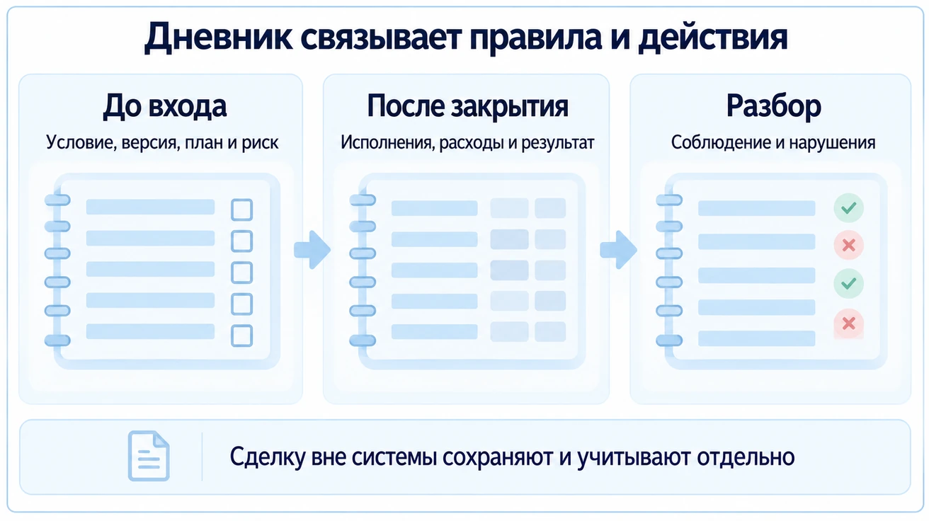 До входа записывают условие, версию, план и риск, после закрытия исполнения, расходы и результат, при разборе соблюдение и нарушения; сделки вне системы сохраняют и учитывают отдельно