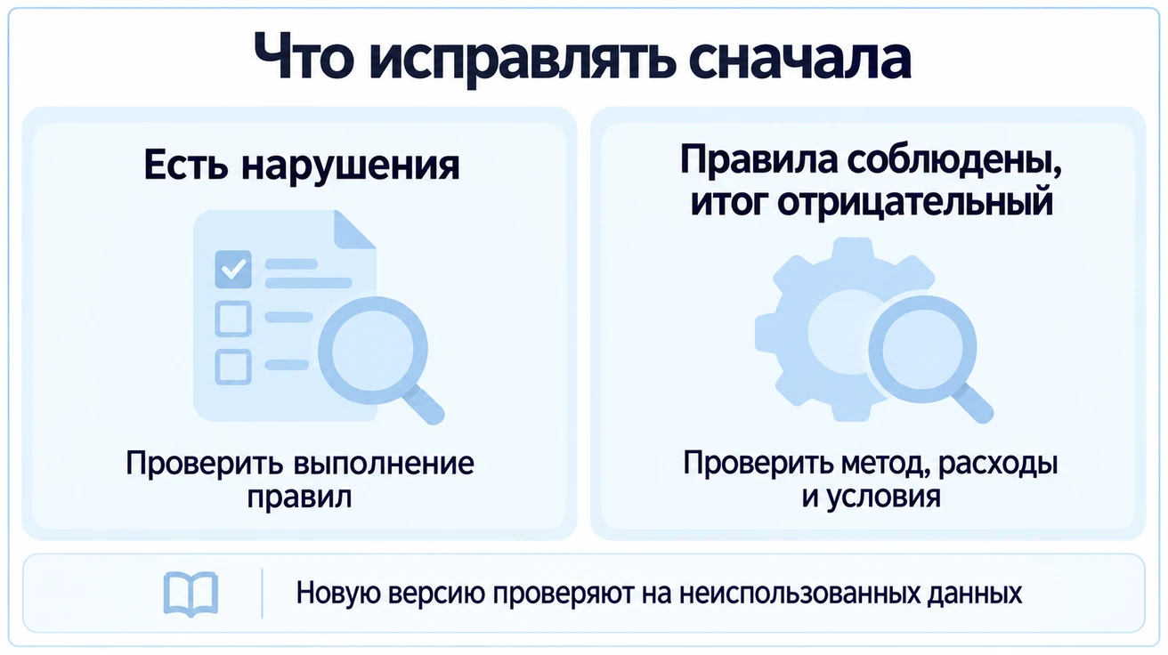 При нарушениях сначала проверяют выполнение правил, при отрицательном итоге соблюдённых правил проверяют метод, расходы и условия; новую версию проверяют на неиспользованных данных