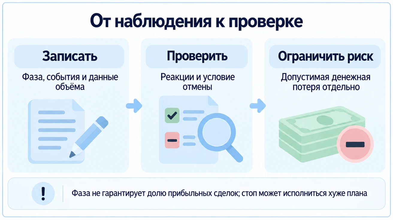 Практическая проверка записывает фазу, события и объём, сравнивает последующие реакции с условием отмены и отдельно ограничивает денежную потерю; стоп может исполниться хуже плана