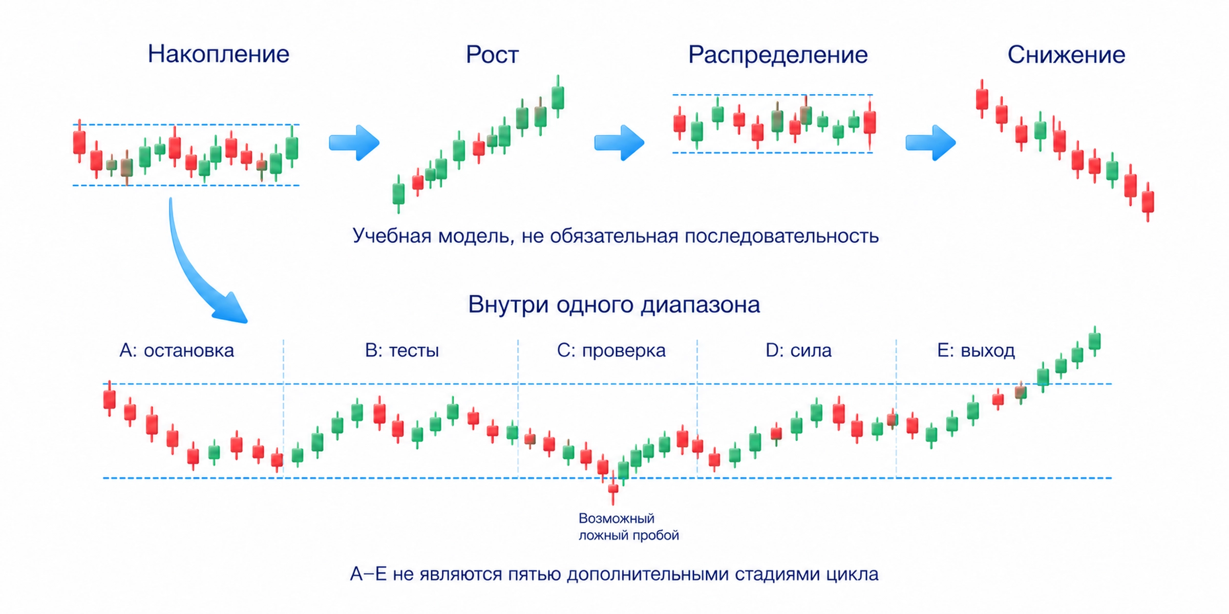 Накопление, рост, распределение и снижение образуют общий цикл; A–E описывают развитие отдельного диапазона и не добавляют пять стадий