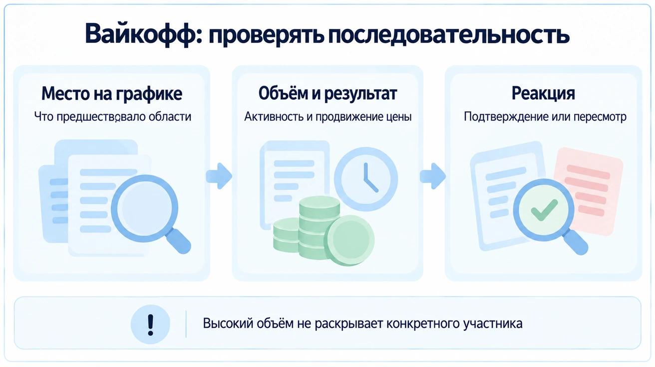 Метод Вайкоффа сопоставляет место на графике, объём и результат с последующей реакцией; высокий объём не раскрывает конкретного участника