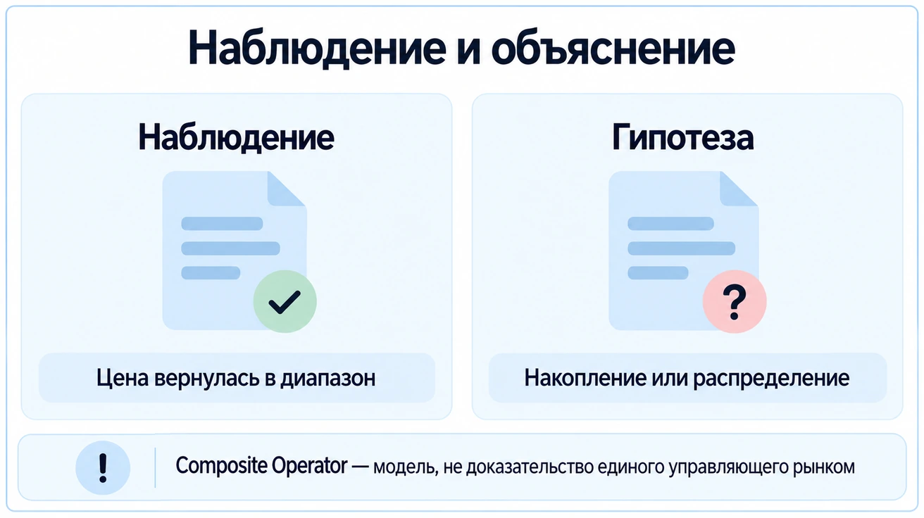 Наблюдение о возврате цены в диапазон отличается от гипотезы накопления или распределения; Composite Operator является моделью, а не доказательством единого управляющего